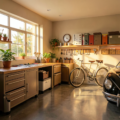 Un garage aménagé avec étagères sur mesure, éclairage LED et rangement vertical pour optimiser l'espace.