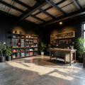 Un garage industriel noir avec des étagères métalliques, une table de travail et un tableau noir décoratif