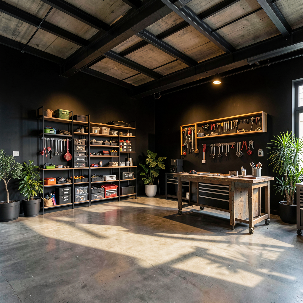 Un garage industriel noir avec des étagères métalliques, une table de travail et un tableau noir décoratif