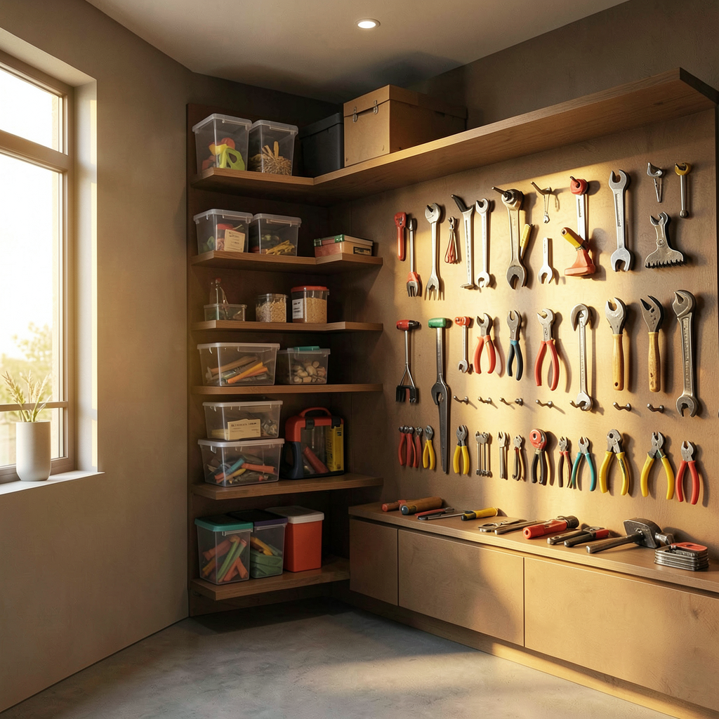 Un coin garage stylisé avec des étagères en bois, rangement de matériel de jardin, et décoration murale sobre.