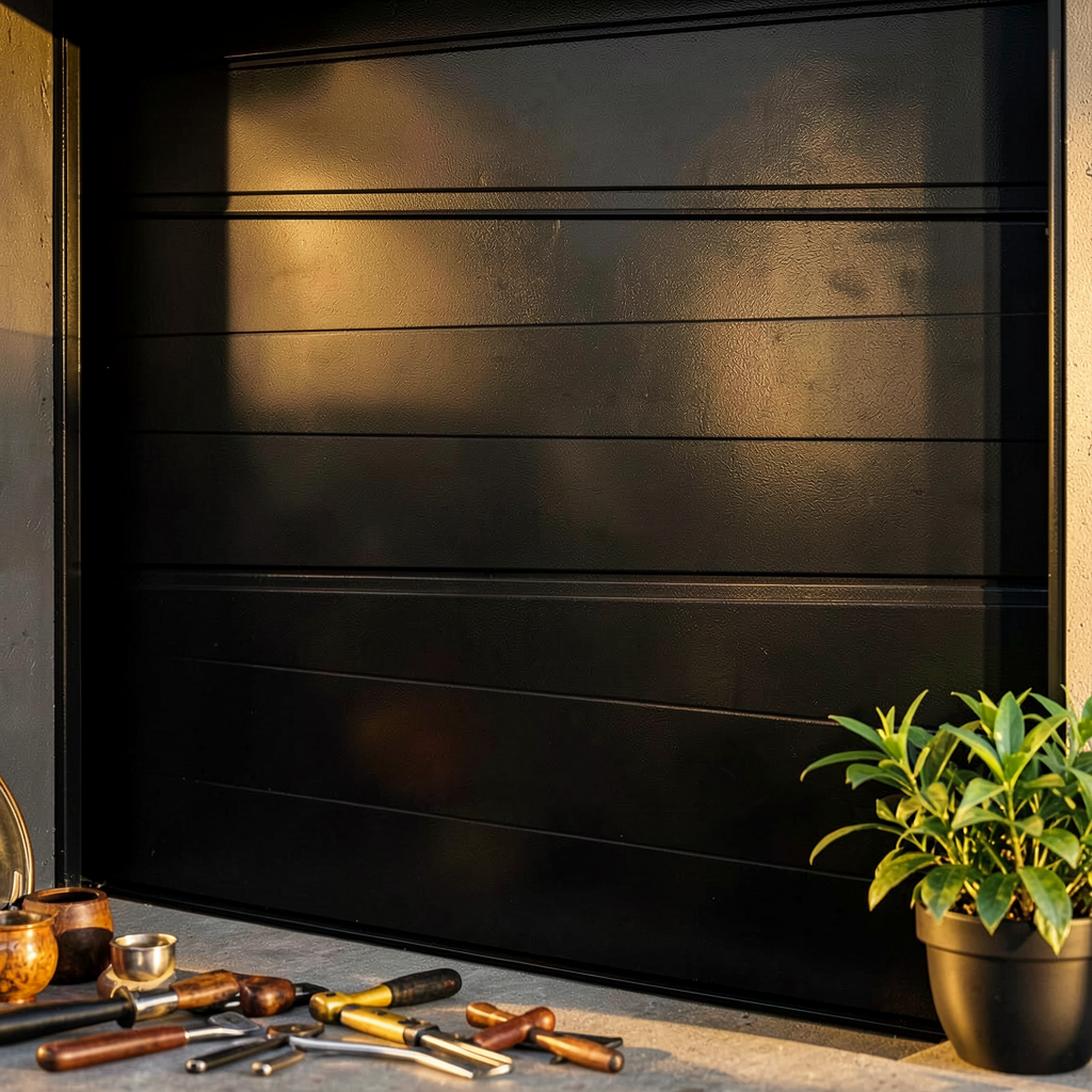Détail d'un mur en béton brut dans un garage noir, intégrant une étagère suspendue et un éclairage LED