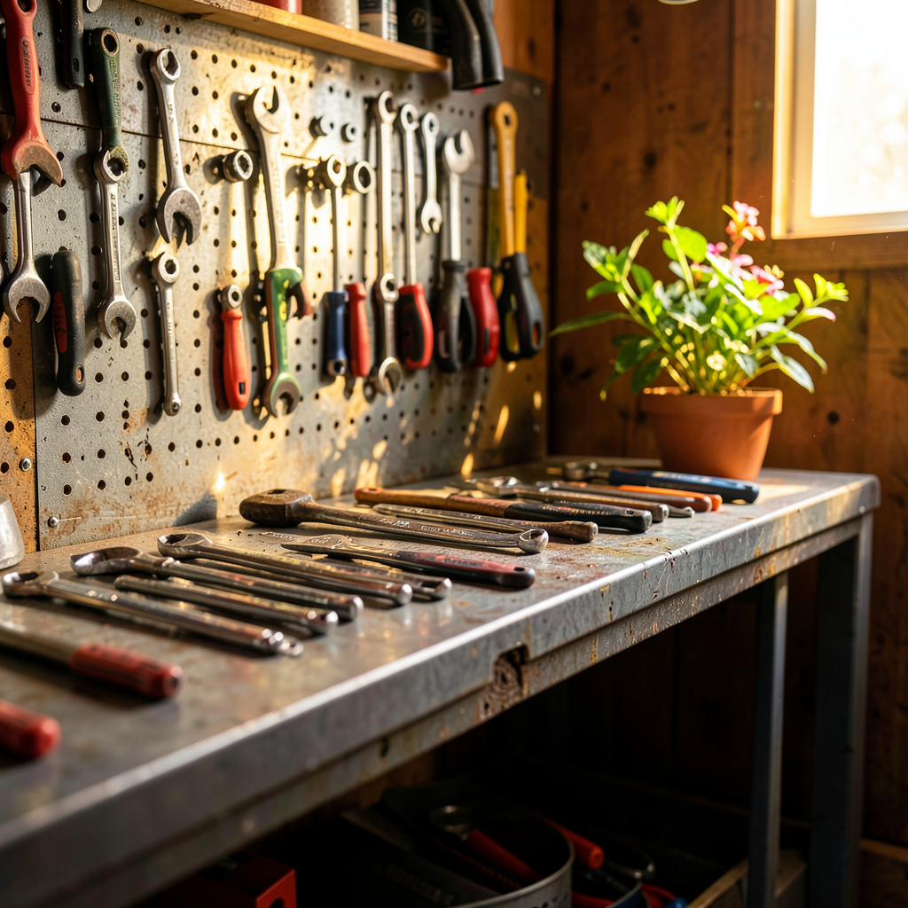 Un établi de garage en métal avec des rangements intégrés pour les outils et matériaux de bricolage.