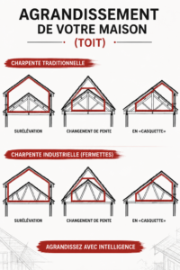 Vue d'une maison en cours d'agrandissement avec un nouveau toit