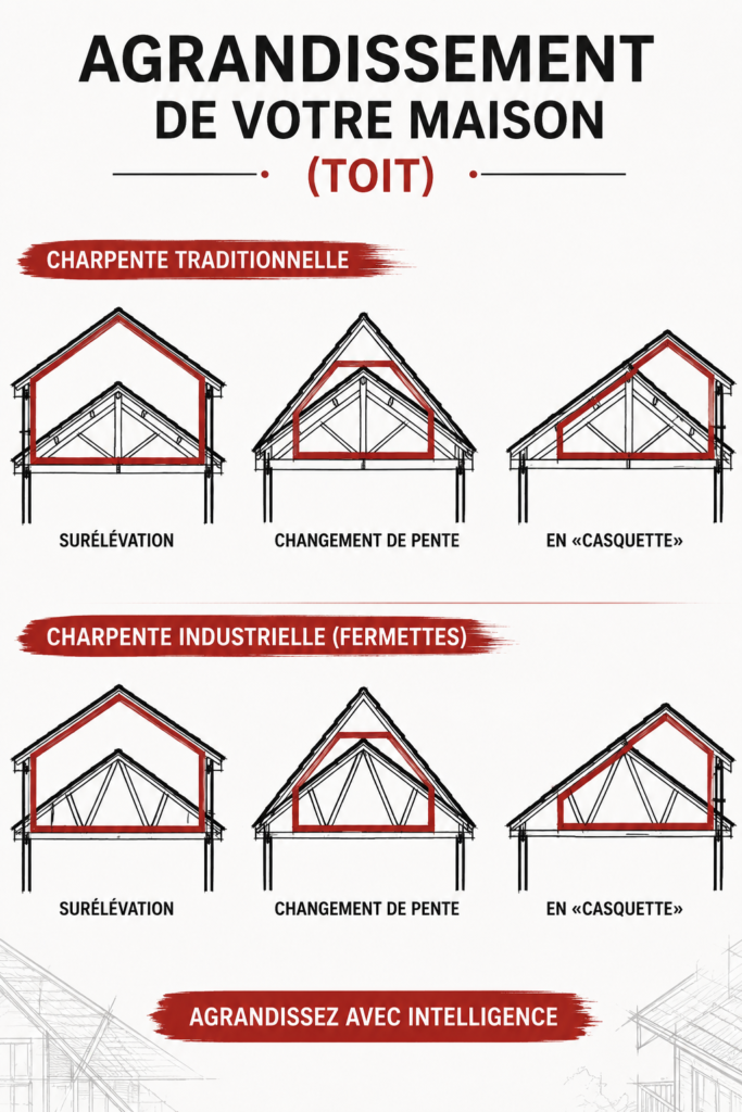 Vue d'une maison en cours d'agrandissement avec un nouveau toit