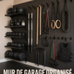Un garage transformé en salle de sport avec panneau mural organisé pour le rangement.