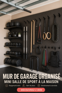 Un garage transformé en salle de sport avec panneau mural organisé pour le rangement.