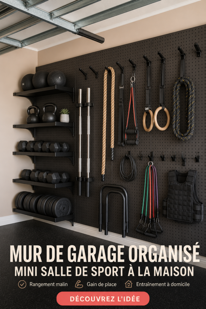 Un garage transformé en salle de sport avec panneau mural organisé pour le rangement.
