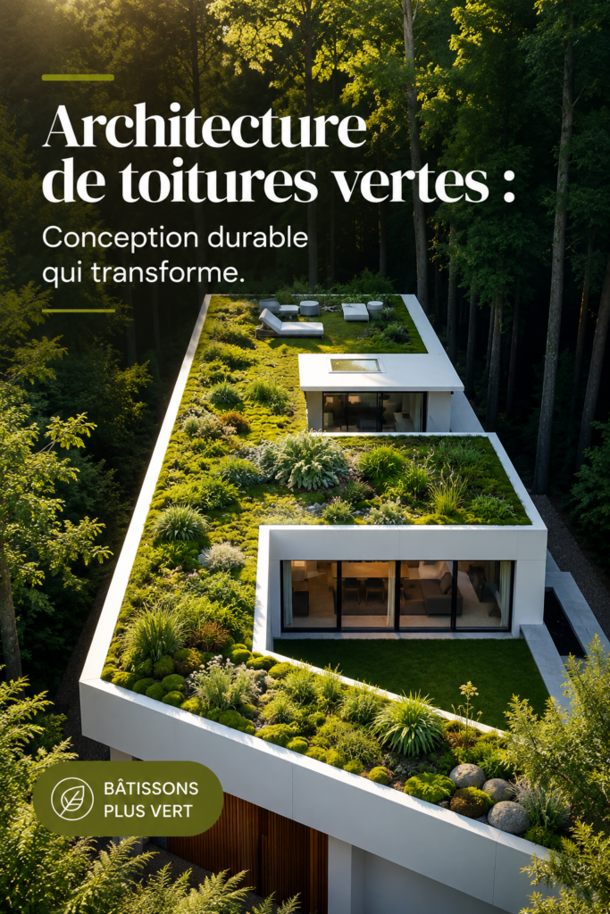 Toit vert moderne avec des plantes variées sur un bâtiment urbain.