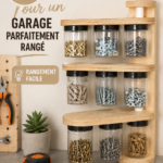 Garage bien organisé avec des étagères et des outils rangés