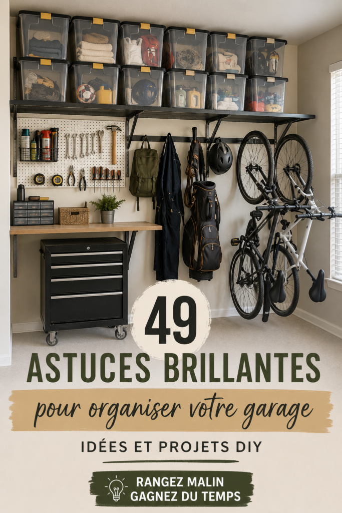Organisation d'un garage avec des étagères et des boîtes de rangement