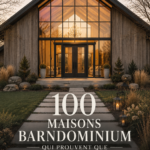Un barndominium moderne au style rustique avec une belle vue sur la nature et de grandes fenêtres.