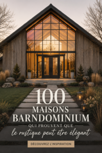 Un barndominium moderne au style rustique avec une belle vue sur la nature et de grandes fenêtres.