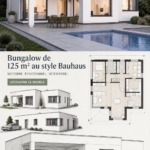 Un bungalow ELK au design Bauhaus, élégant et fonctionnel, dans un environnement verdoyant.