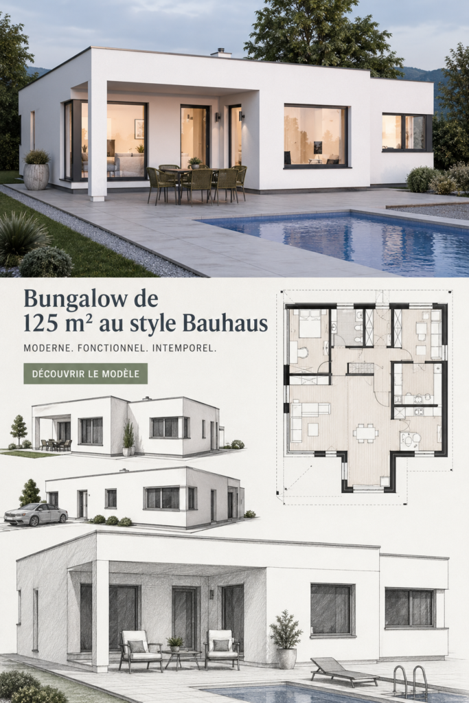 Un bungalow ELK au design Bauhaus, élégant et fonctionnel, dans un environnement verdoyant.