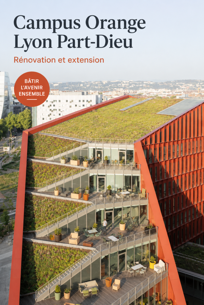 Vue extérieure du Campus Orange à Lyon Part-Dieu rénové, avec un architecture moderne.