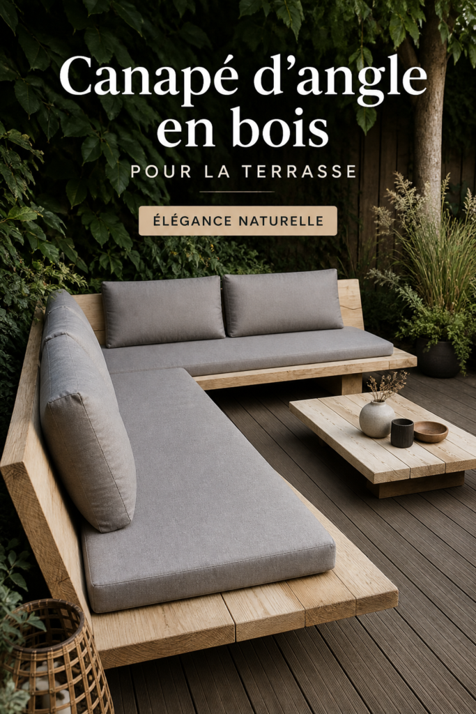 Un canapé d'angle en bois décoré sur une terrasse ensoleillée.
