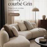 Un canapé courbé en tissu de couleur douce dans un salon moderne.