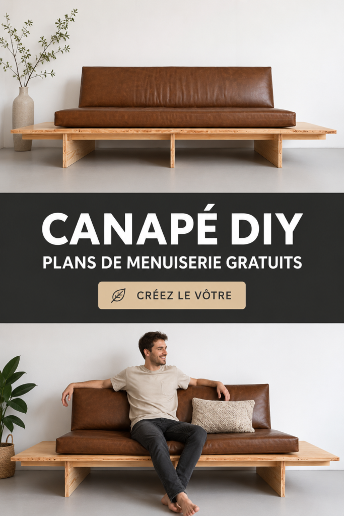 Canapé DIY en bois dans un salon accueillant, avec coussins colorés.