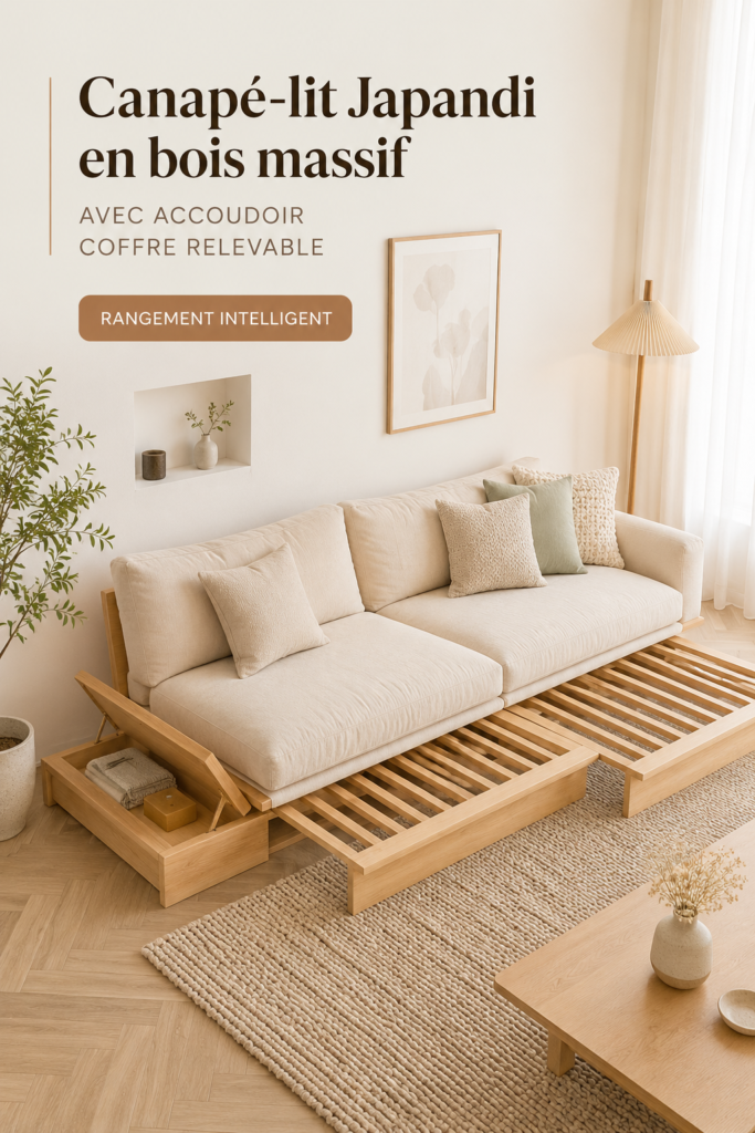 Canapé-lit en bois de style Japandi dans un intérieur moderne et épuré.