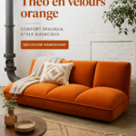 Canapé-lit Théo en velours orange XL dans un salon élégant.