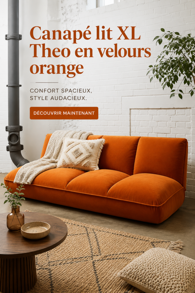 Canapé-lit Théo en velours orange XL dans un salon élégant.