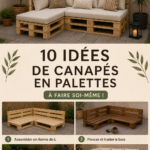 Canapé en palette décoré sur une terrasse fleurie