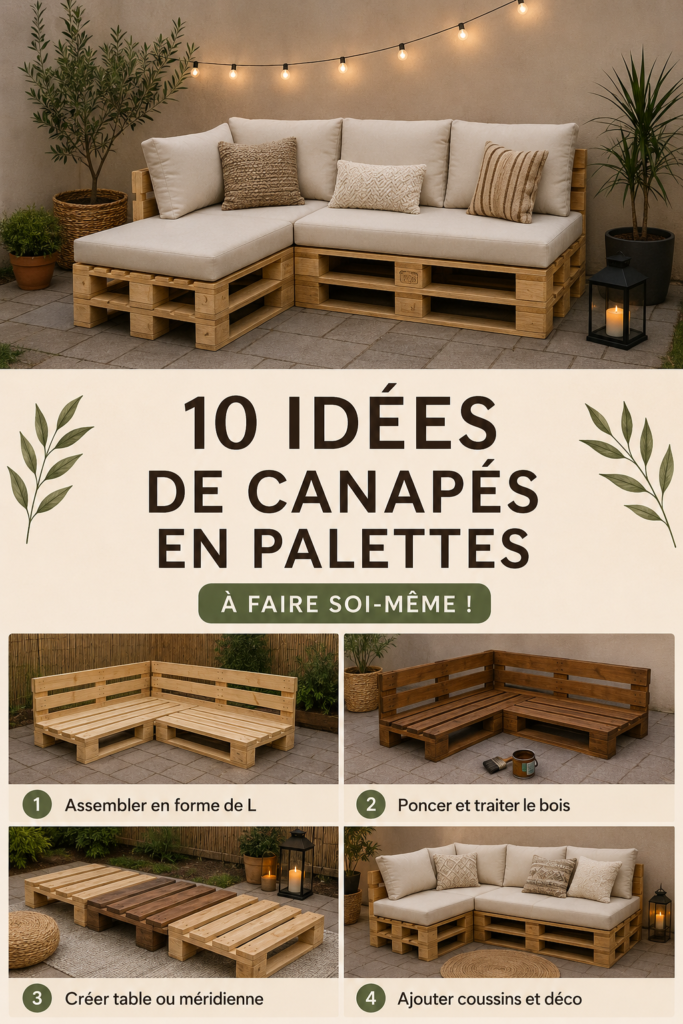 Canapé en palette décoré sur une terrasse fleurie