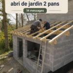 Vue d'un abri de jardin avec des pannes et chevrons en bois
