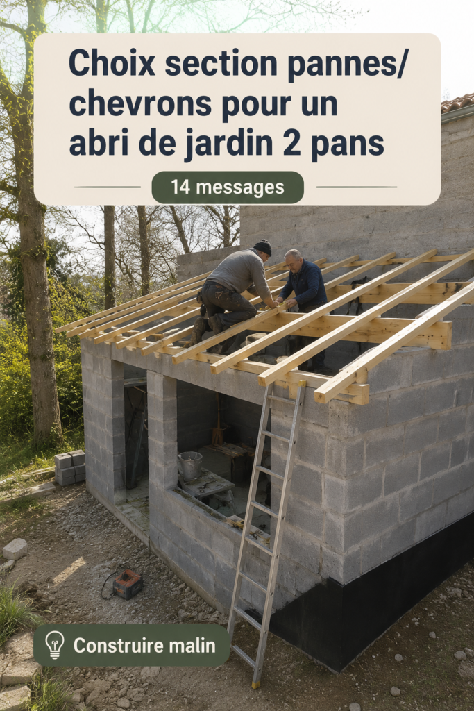 Vue d'un abri de jardin avec des pannes et chevrons en bois