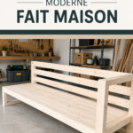 Canapé d'extérieur moderne en bois réalisé par soi-même dans un jardin ensoleillé.