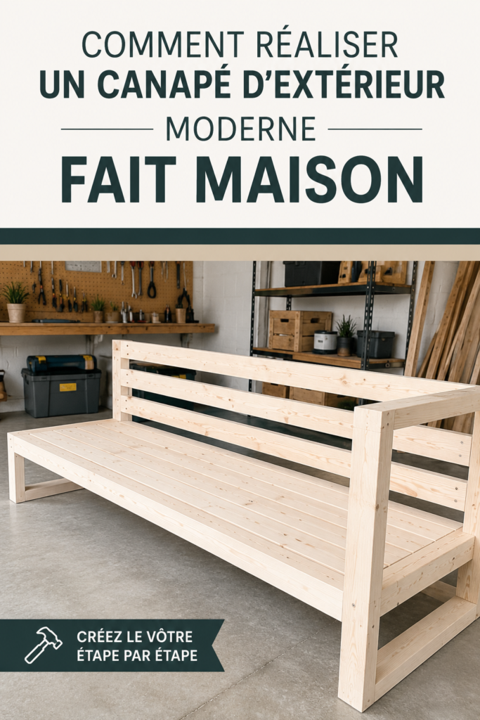 Canapé d'extérieur moderne en bois réalisé par soi-même dans un jardin ensoleillé.