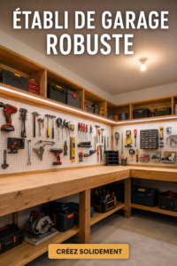 Un établi de garage robuste avec outils et matériaux de bricolage