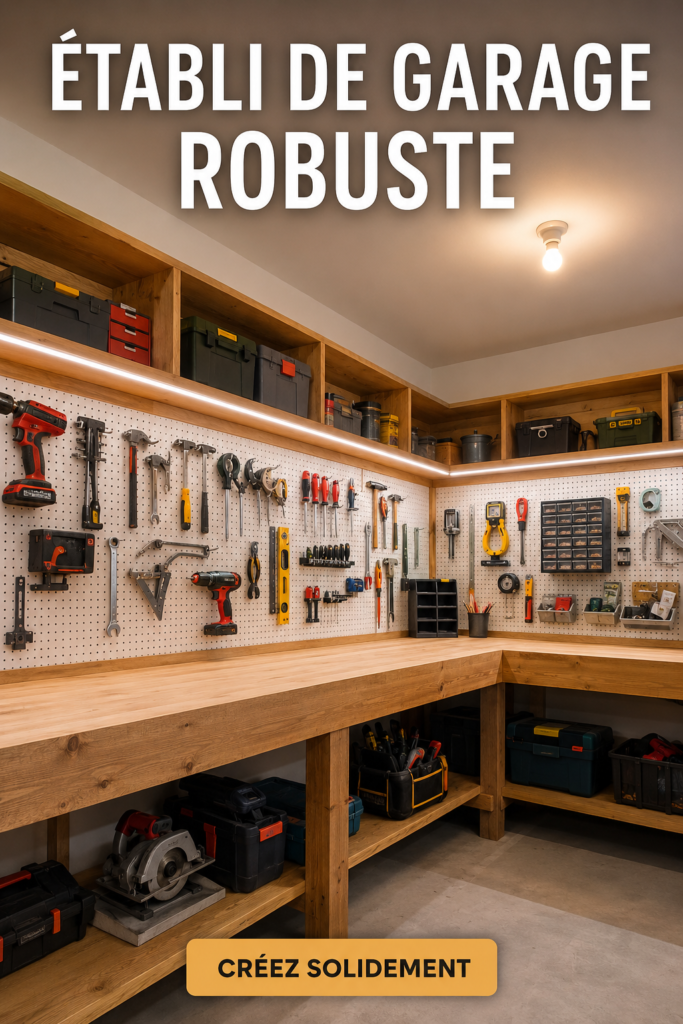 Un établi de garage robuste avec outils et matériaux de bricolage