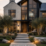 Un extérieur moderne de maison de ferme au Texas avec des éléments rustiques et contemporains.