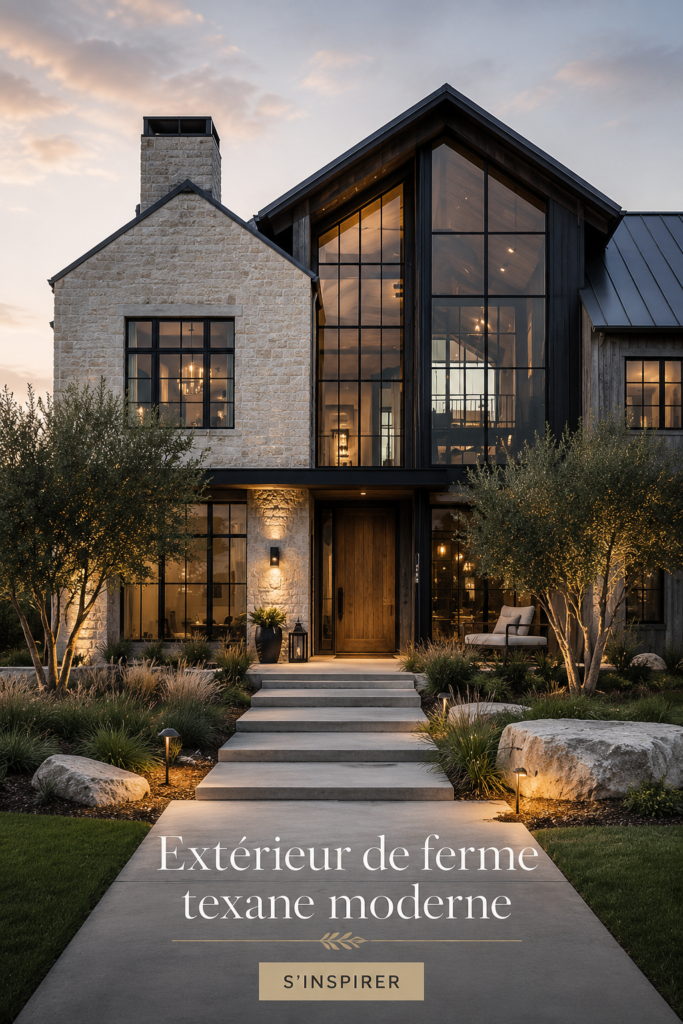 Un extérieur moderne de maison de ferme au Texas avec des éléments rustiques et contemporains.