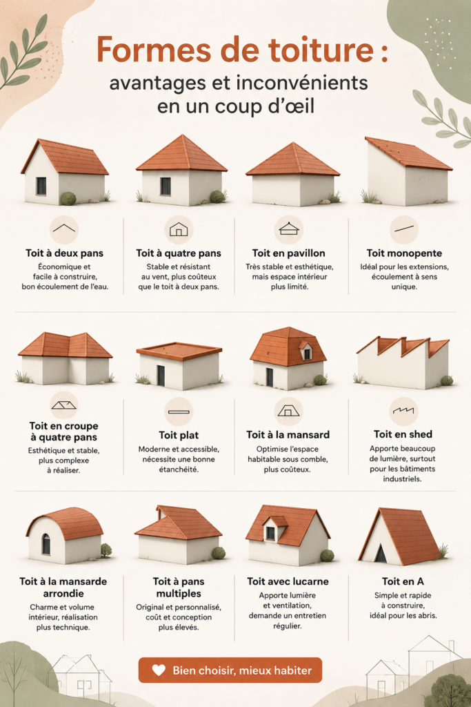 Différentes formes de toiture illustrées pour aider au choix