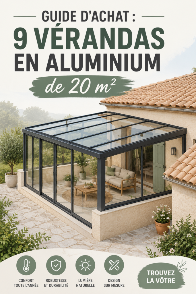 Véranda en aluminium de 20 m², moderne et lumineuse, idéale pour un jardin.