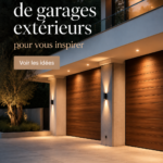 Un garage moderne avec une porte en bois, s'intégrant parfaitement dans un jardin fleuri.