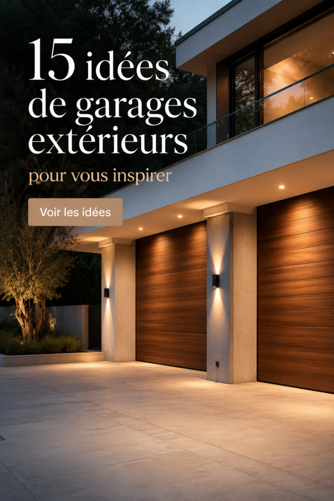 Un garage moderne avec une porte en bois, s'intégrant parfaitement dans un jardin fleuri.