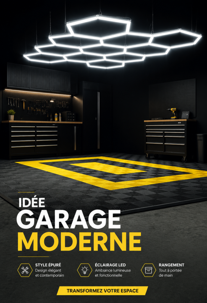Garage moderne avec un éclairage élégant et un rangement optimisé