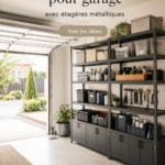 Espace de garage organisé avec étagère BROR d'Ikea, intégrant des outils et des accessoires bien rangés.