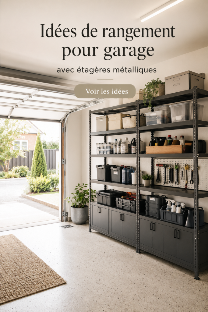 Espace de garage organisé avec étagère BROR d'Ikea, intégrant des outils et des accessoires bien rangés.