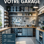 Garage bien organisé avec étagères et outils rangés de manière efficace.