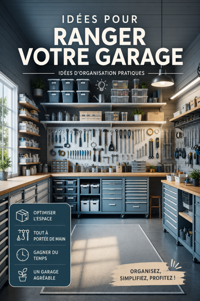 Garage bien organisé avec étagères et outils rangés de manière efficace.