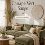 Un salon chaleureux avec un canapé vert sauge bien intégré