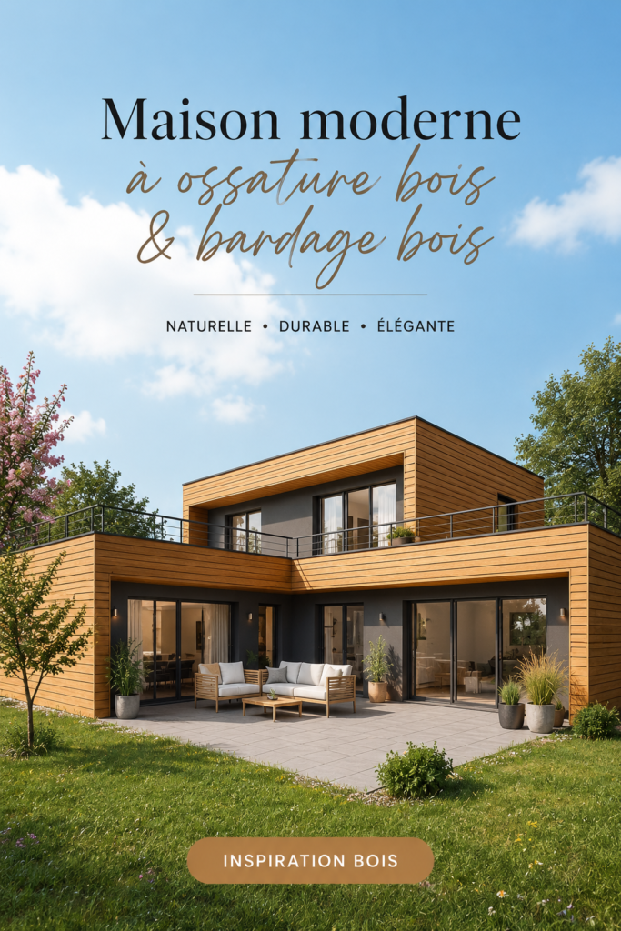 Maison moderne à ossature bois avec bardage en bois, une harmonie parfaite entre esthétique et durabilité.