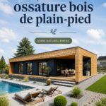 Maison ossature bois de plain-pied avec terrasse ensoleillée et jardin.