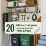 Garage organisé avec étagères et bacs de rangement, offrant un espace fonctionnel.