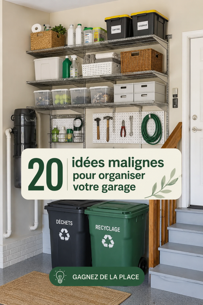 Garage organisé avec étagères et bacs de rangement, offrant un espace fonctionnel.