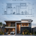 Un plan de maison moderne sur deux étages, mettant en avant un design élégant et fonctionnel.